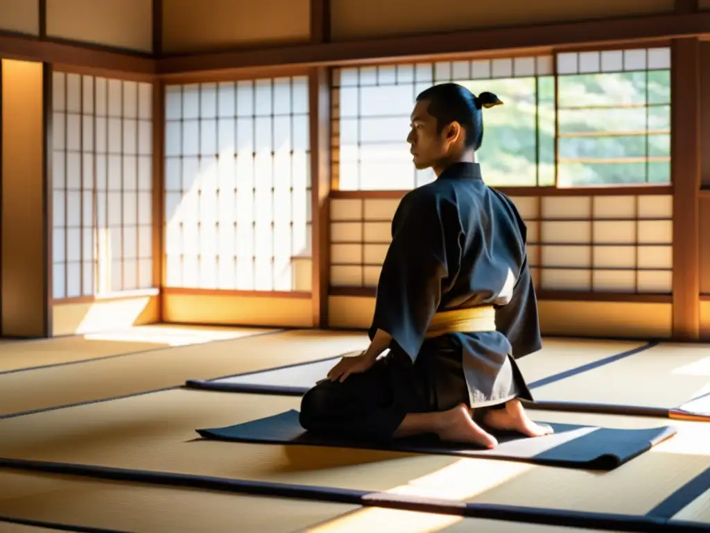 Un dojo japonés tradicional iluminado por la luz dorada del sol