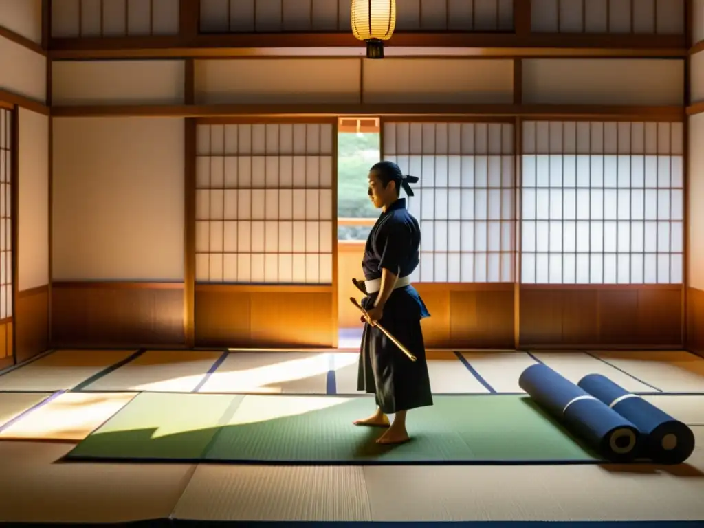 Un dojo japonés tradicional iluminado por luz suave, donde se practica Kendo