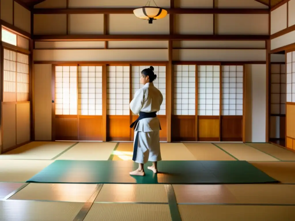 Un dojo japonés tradicional iluminado por luz natural, estudiantes practicando Aikido bajo la guía del sensei, capturando los principios filosóficos del entrenamiento samurai