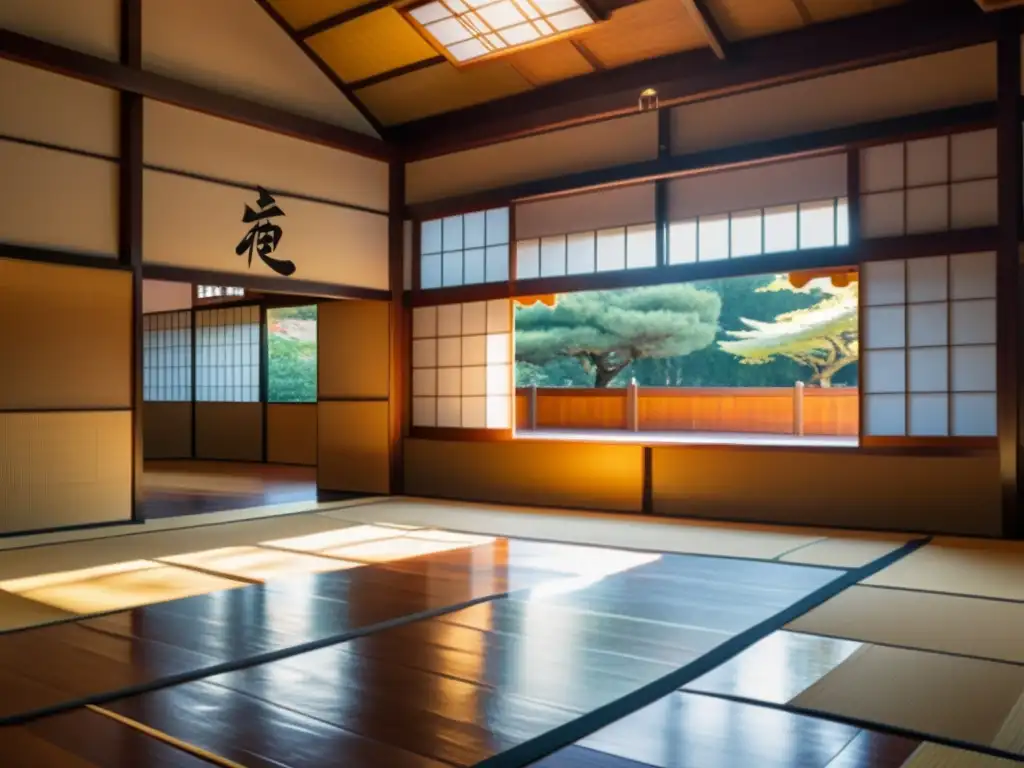 Un dojo japonés tradicional con luz solar cálida iluminando el suelo de madera