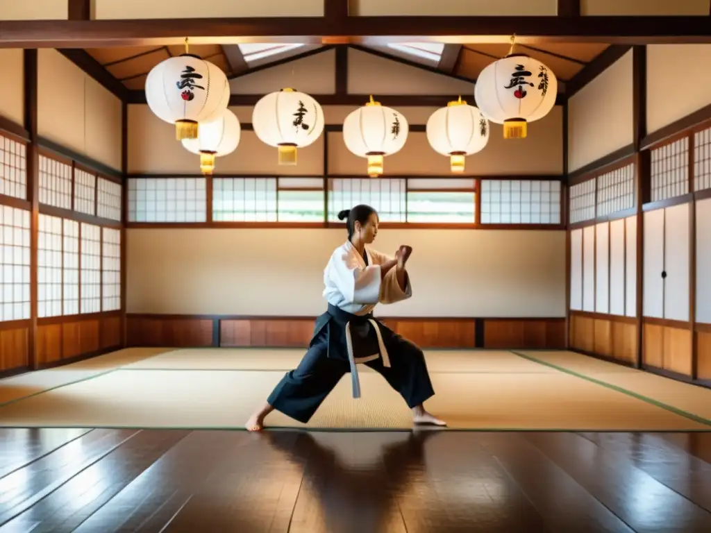 'Un dojo japonés tradicional con práctica de Karate y el sensei demostrando movimientos precisos