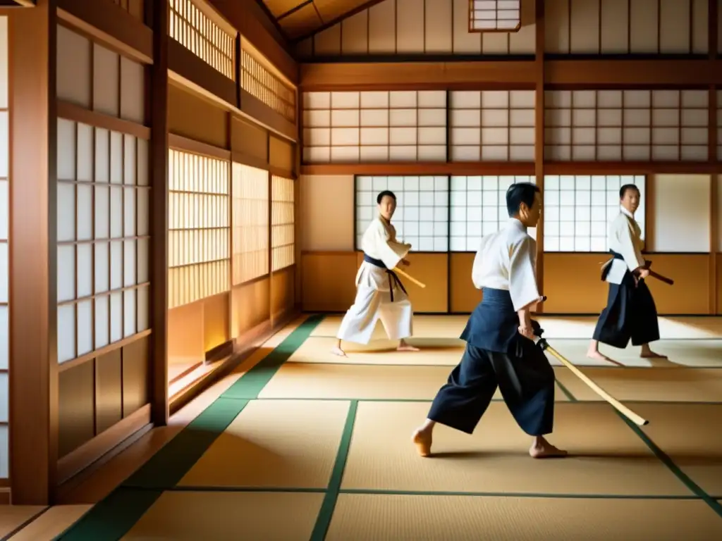 Un dojo japonés tradicional con practicantes de Aikido en hakamas elegantes, capturando la esencia de la disciplina y la elegancia