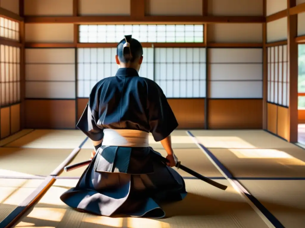 Un dojo japonés tradicional con practicantes de kendo en un intenso combate, reflejando el impacto del zen en las artes marciales