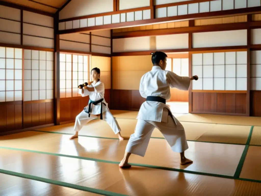 Un dojo japonés tradicional con practicantes de karate, reflejando la historia del karate en Japón con autenticidad y disciplina