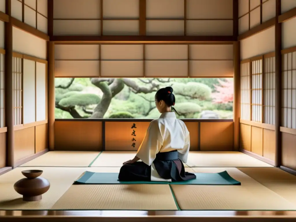 Un dojo japonés tradicional con practicantes de artes marciales en armonía con la meditación en las artes marciales