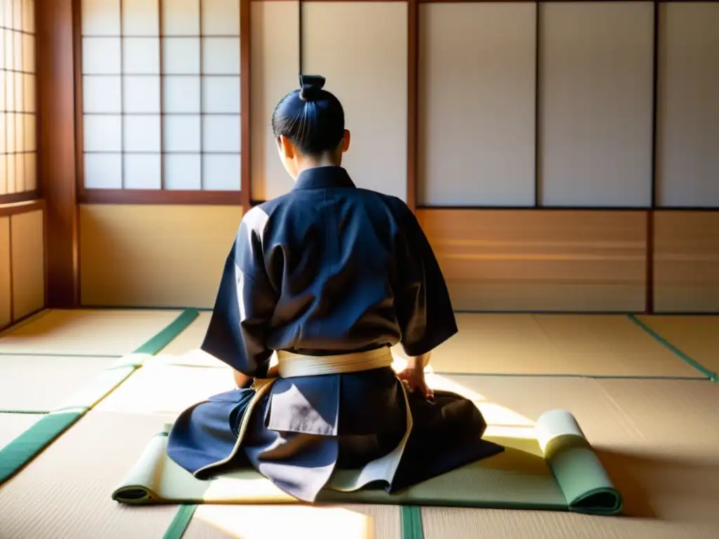 Un dojo japonés tradicional con practicantes de Aikido en un intenso entrenamiento