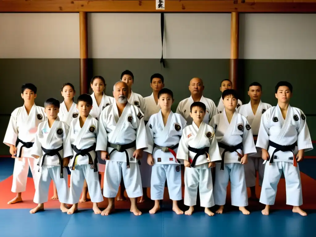 Un dojo japonés tradicional donde un sensei enseña a jóvenes estudiantes de judo, capturando la influencia del judo en Japón