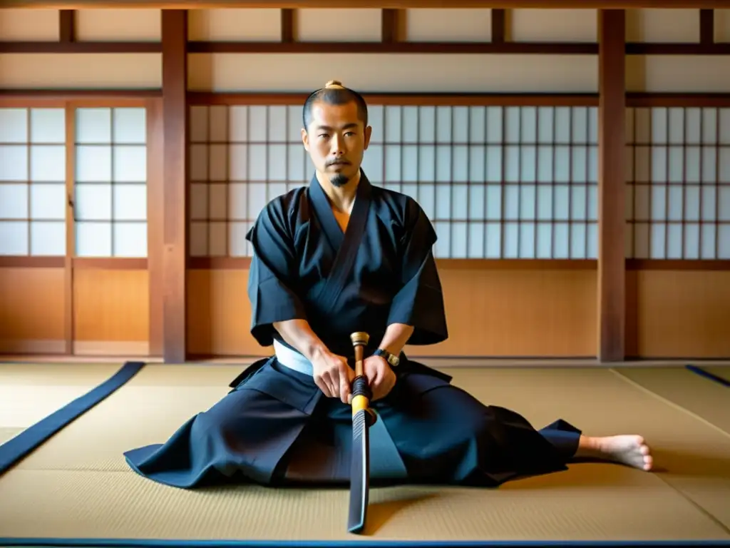 Un dojo japonés tradicional con un sensei mostrando movimientos precisos de Iaido, rodeado de estudiantes concentrados