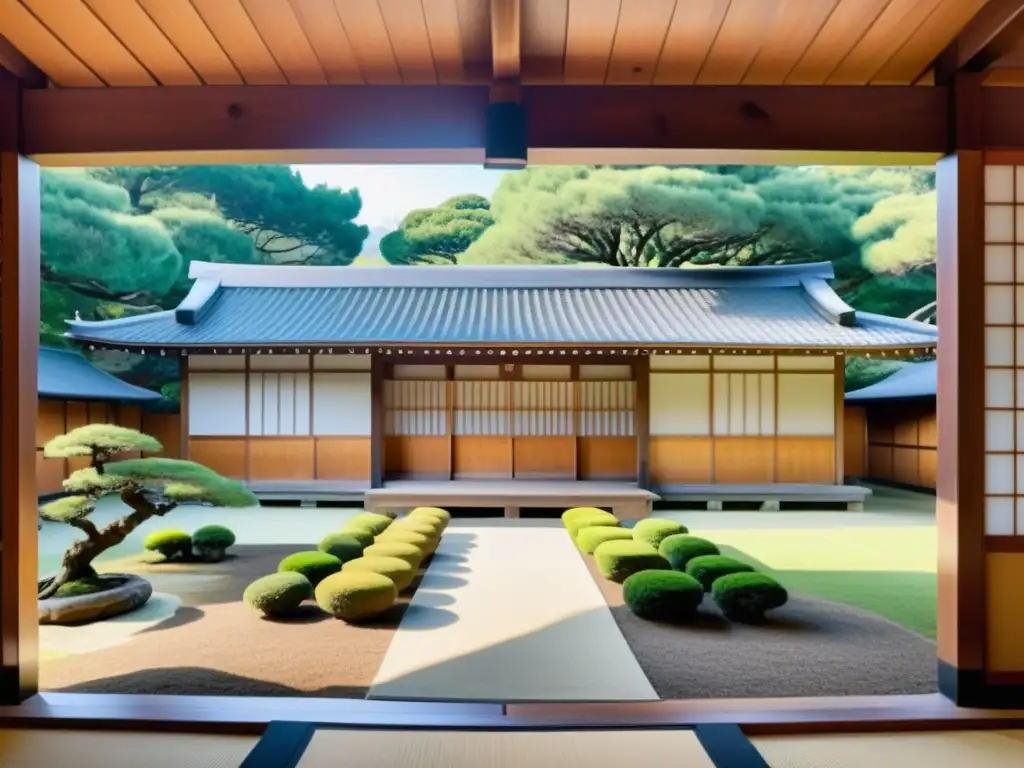 Un dojo japonés tradicional de karate con jardín sereno, estudiantes practicando técnicas de karate y un sensei