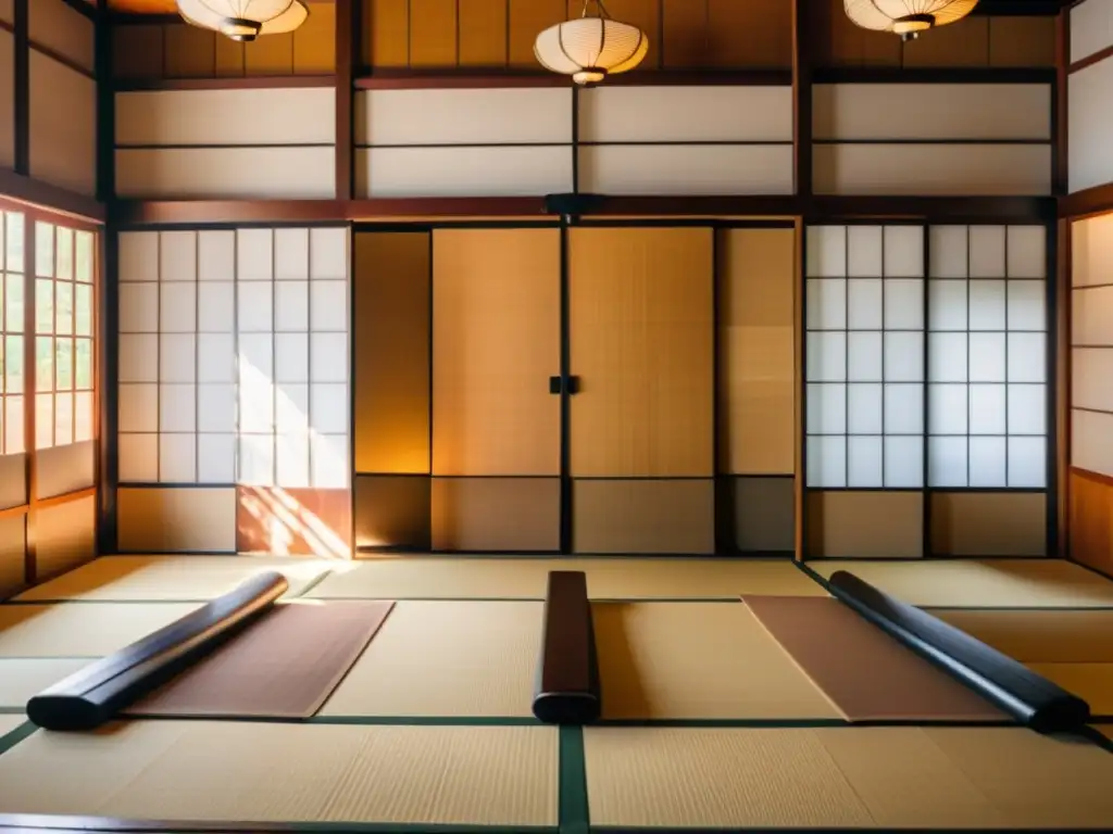 Un dojo japonés tradicional vacío con suelos de madera, puertas corredizas de papel y un gran shoji al frente