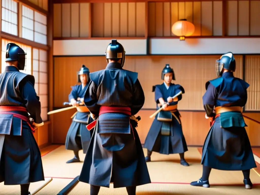 Un dojo de kendo tradicional japonés con espadas de entrenamiento y practicantes enérgicos, capturando la cultura y disciplina del kendo