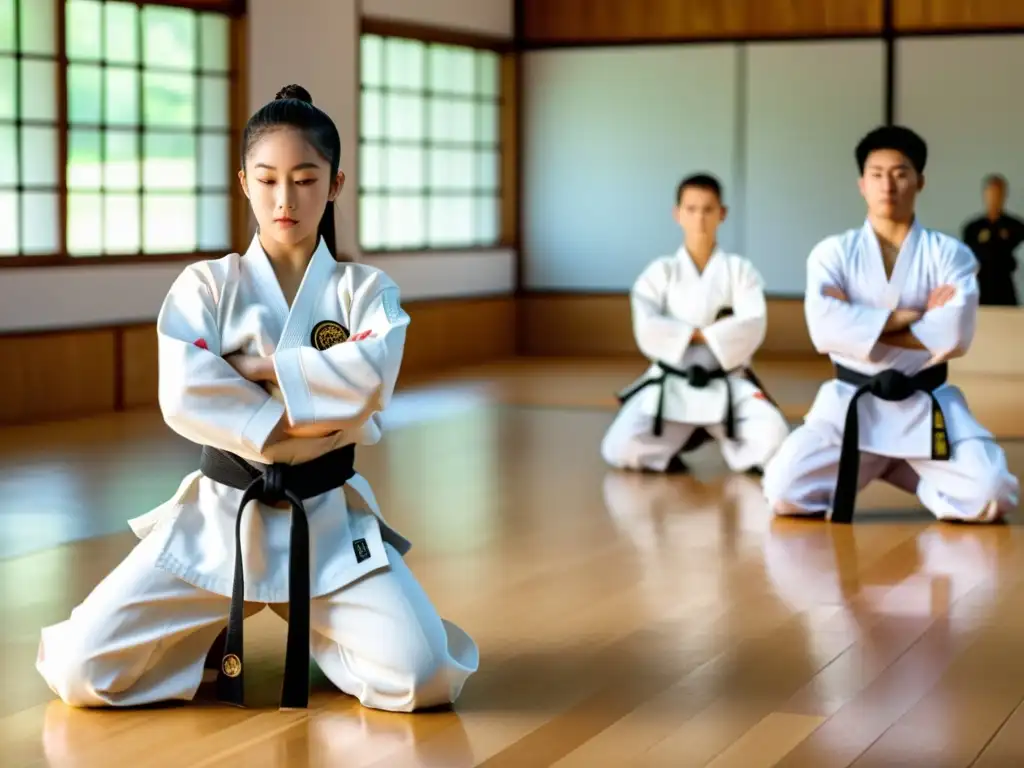 Un dojo luminoso y espacioso donde estudiantes de artes marciales practican con precisión bajo la atenta mirada del sensei