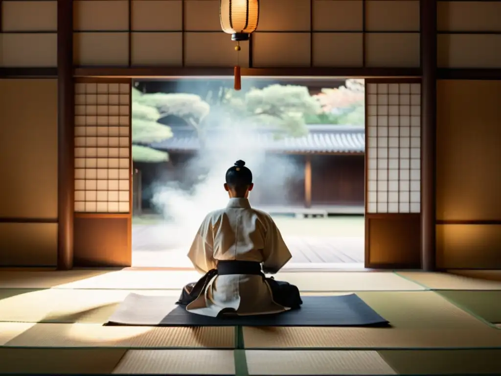 Meditación zen en el dojo: figura en meditación profunda, rodeada de incienso, en un espacio tranquilo y sereno