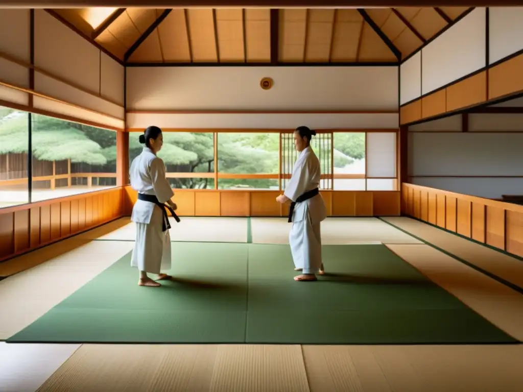 Aikido Dojo: Serenidad y Disciplina en 8K Un dojo moderno de Aikido en 8K, con luz natural, suelos de madera pulida y practicantes en uniformes blancos