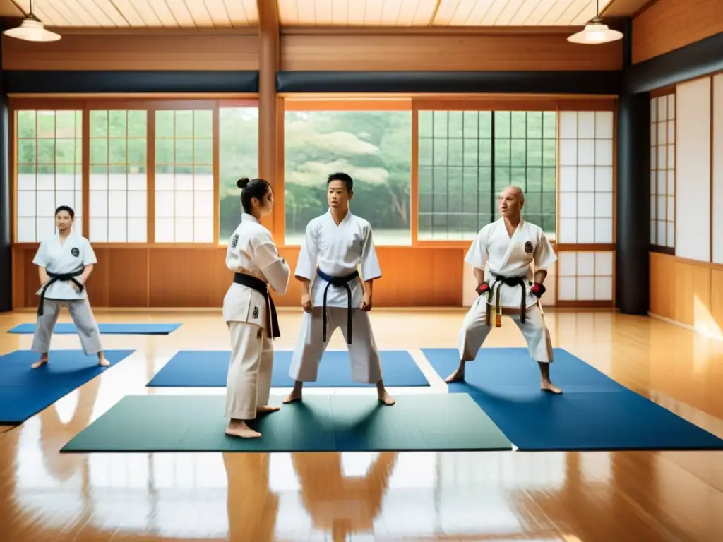 Un dojo de karate moderno con practicantes enfocados, luz natural y elementos japoneses