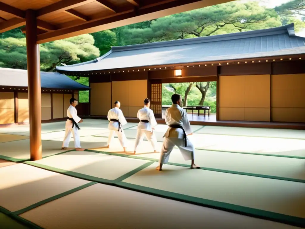 Un dojo en Okinawa, con estudiantes ejecutando movimientos precisos de Karate bajo la guía del sensei