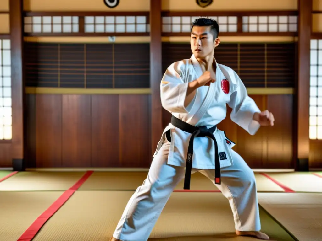 Entrenando en el Dojo Karate Okinawa: Practicantes de karate en un dojo tradicional, con su sensei observando con sabiduría