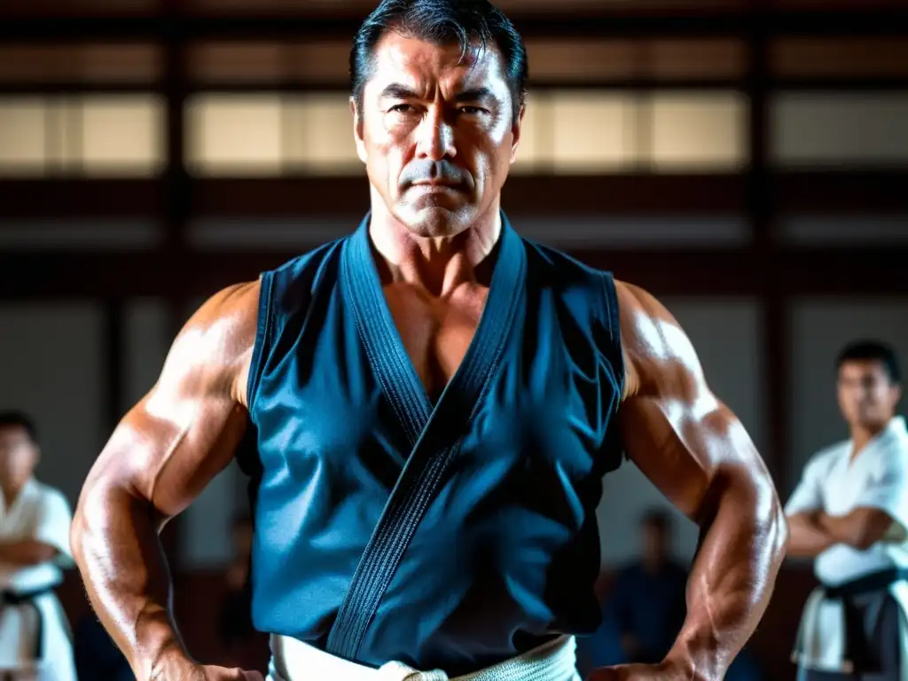 Frank Dux lidera en el dojo, rodeado de estudiantes enfocados, reflejando su influencia en Bloodsport