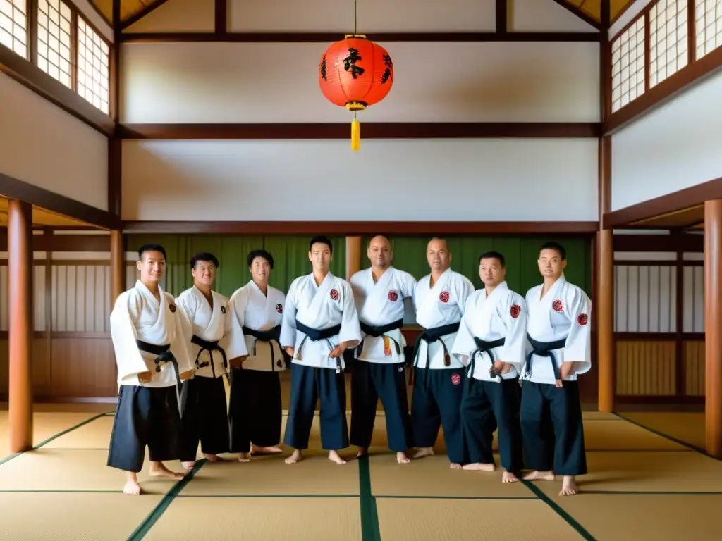 Entrenando en el Dojo Karate Okinawa mientras el sensei guía a sus alumnos en una atmósfera de disciplina y sabiduría bajo la cálida luz de la tarde