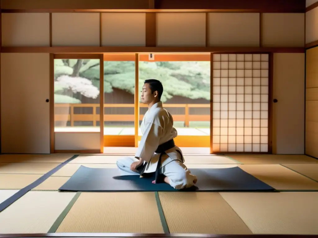 Un dojo sereno con arquitectura japonesa tradicional, suelo de tatami y shoji