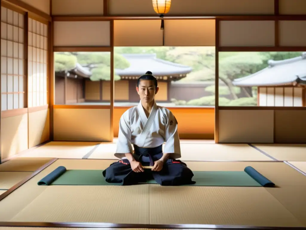 Un dojo sereno con arquitectura japonesa tradicional, un artista marcial ejecutando una técnica precisa de Aikido con intensidad