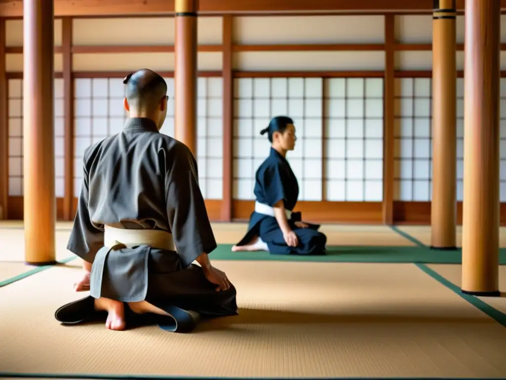 Un dojo sereno con una demostración de Aikido en la Era Digital, fusionando tradición y tecnología