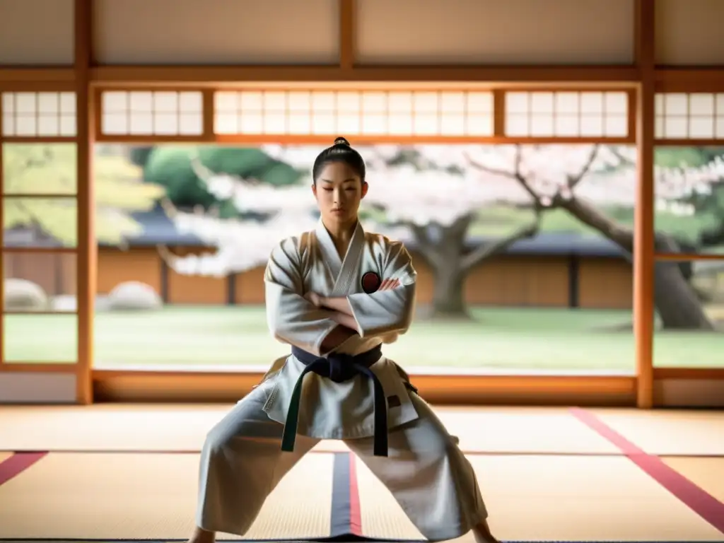Un dojo sereno con estudiantes practicando artes marciales con determinación, guiados por un sensei calmado