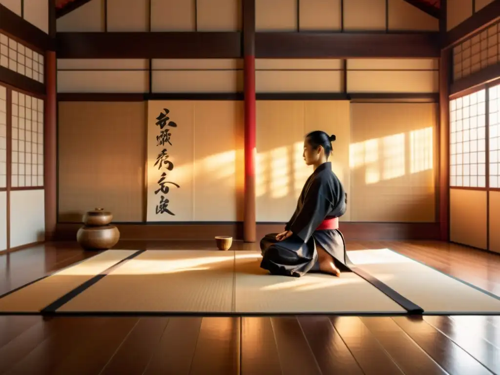 Un dojo sereno iluminado por la luz natural, donde un artista marcial medita rodeado de armas tradicionales y pinceles de caligrafía