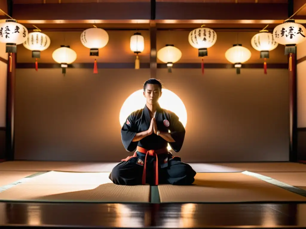 Un dojo sereno iluminado por la suave luz de las linternas, con un artista marcial en postura meditativa