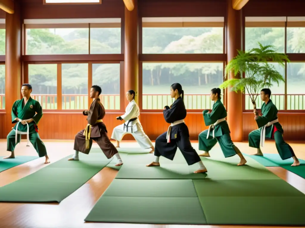 Un dojo sereno con luz natural, plantas exuberantes, artistas marciales en entrenamiento, enfoque integral nutrición artes marciales