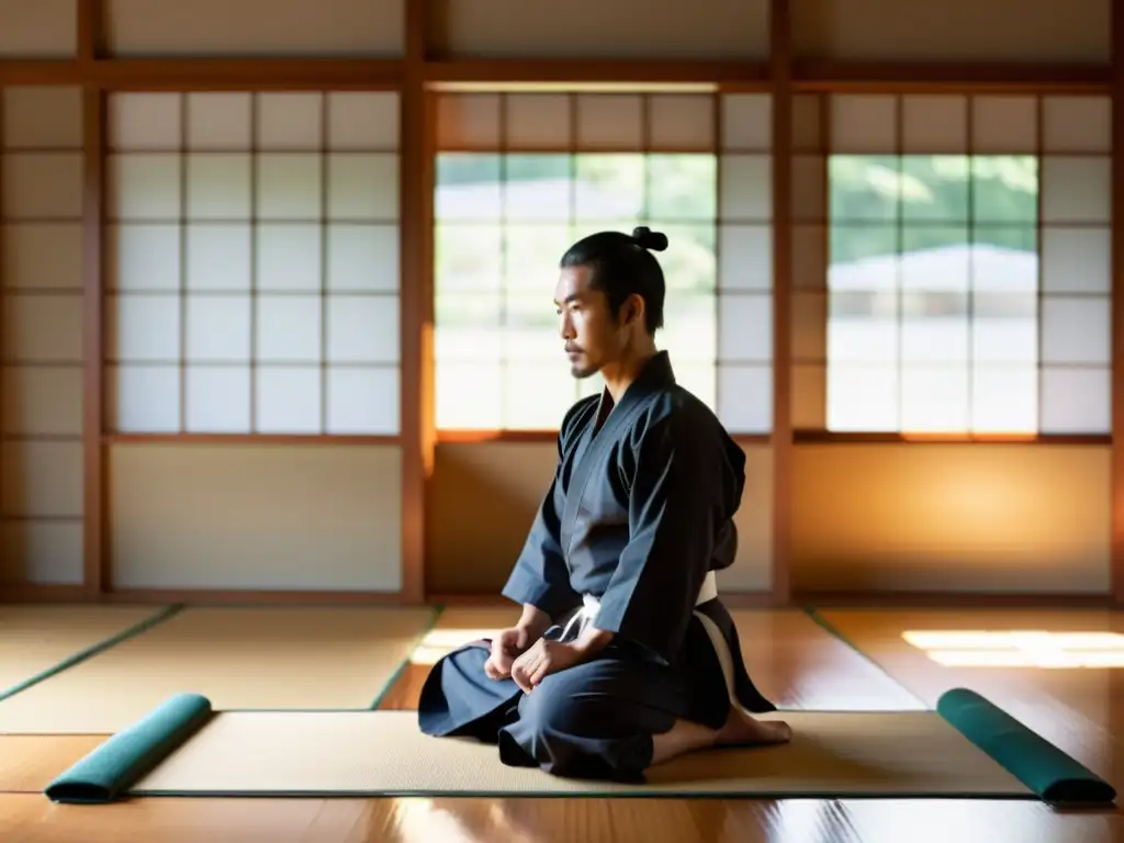 Un dojo sereno con luz natural iluminando el suelo de madera