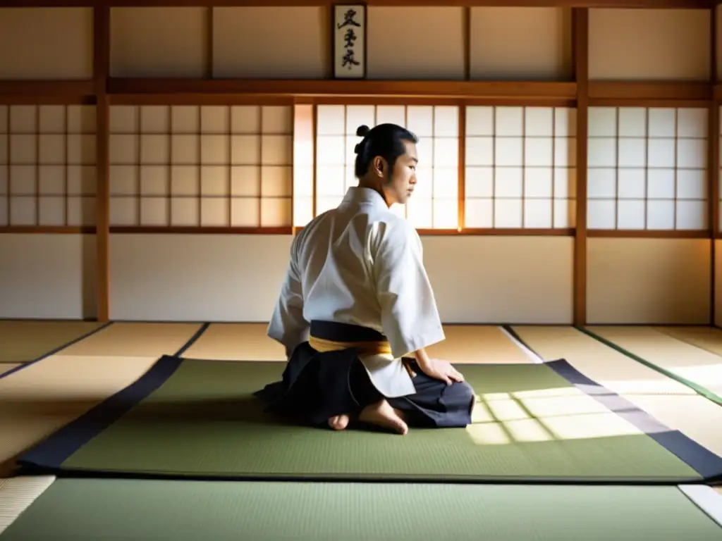 Un dojo sereno con luz natural iluminando a practicantes de Aikido en gi tradicional