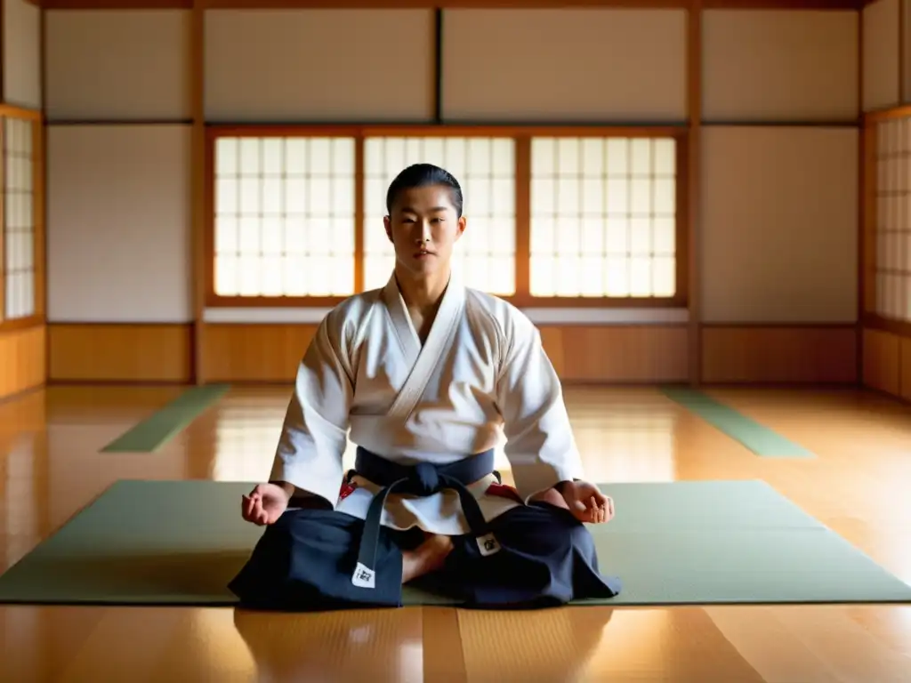 Un dojo sereno con luz natural iluminando el suelo de madera