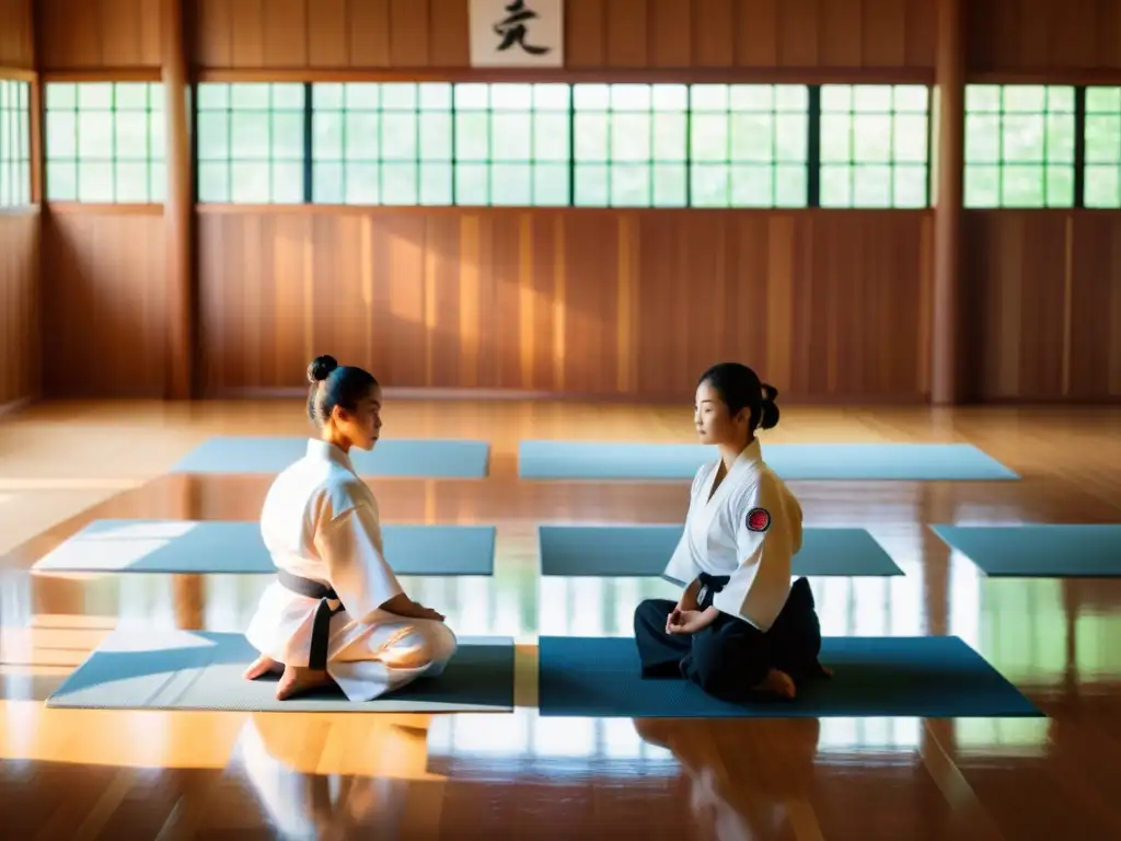 Práctica de karate en un dojo sereno con luz natural, reflejando una atmósfera de concentración y paz interior