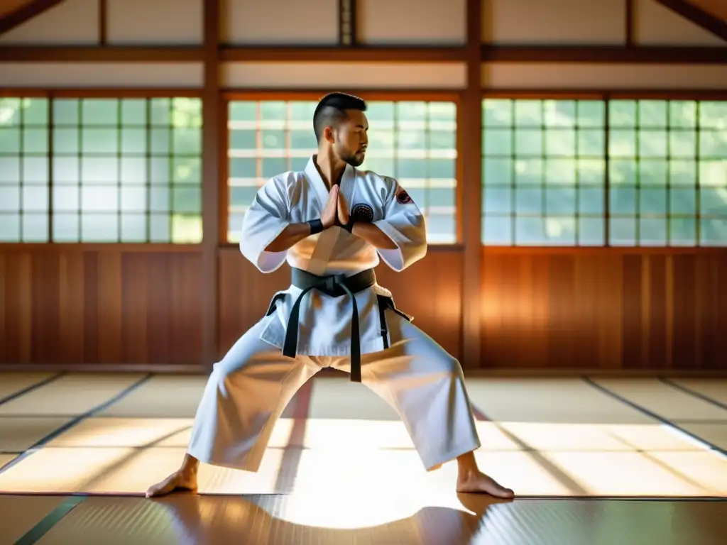 Un dojo sereno con luz natural iluminando el espacio