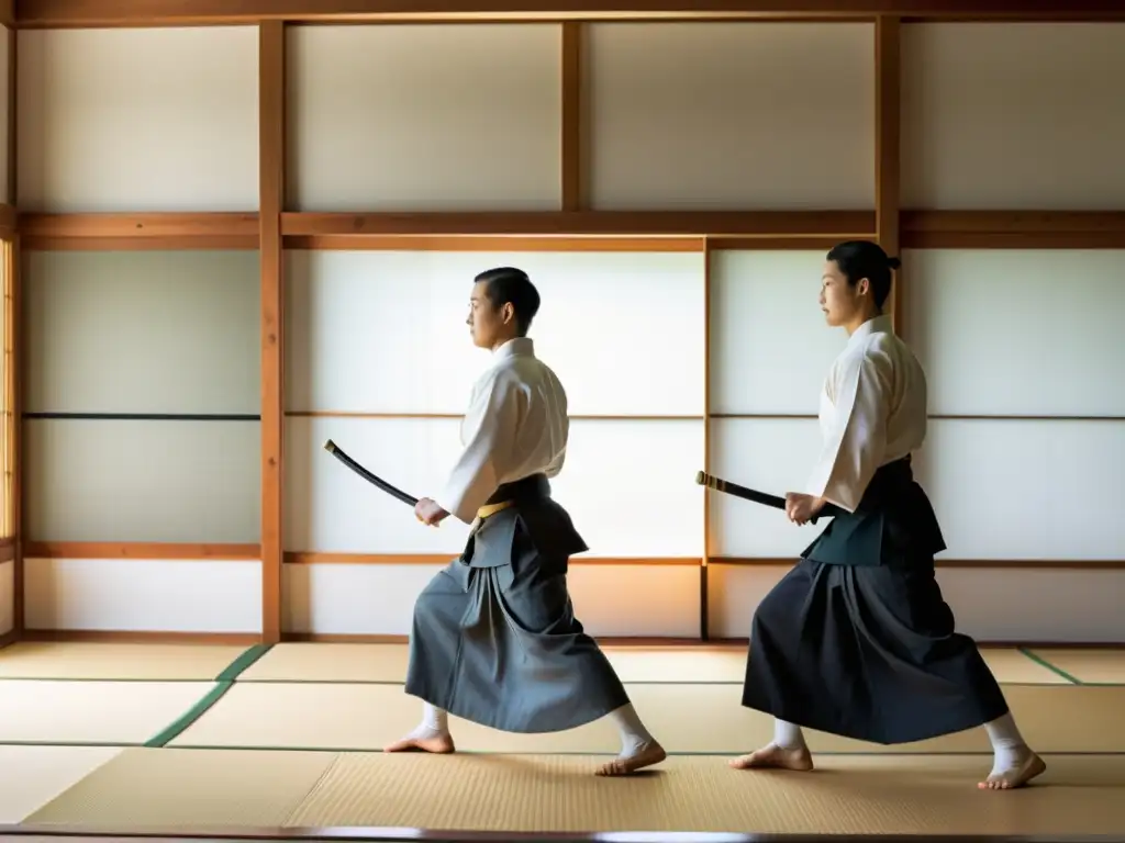 Un dojo sereno con practicantes de Aikido en gi blanco, ejecutando movimientos fluidos y gráciles