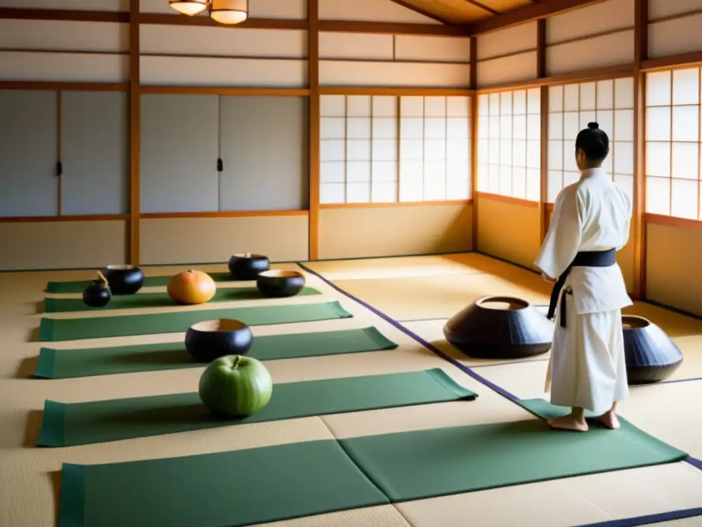 Un dojo sereno con practicantes de Aikido enfocados y un sensei grácil