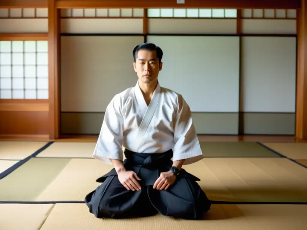 Un dojo sereno con un sensei de Aikido y estudiantes practicando, reflejando la guía de progresión de grados en Aikido