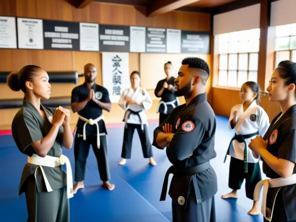 Un dojo soleado donde alumnos de artes marciales de diversas edades y etnias practican juntos, rodeados de mensajes de inclusividad