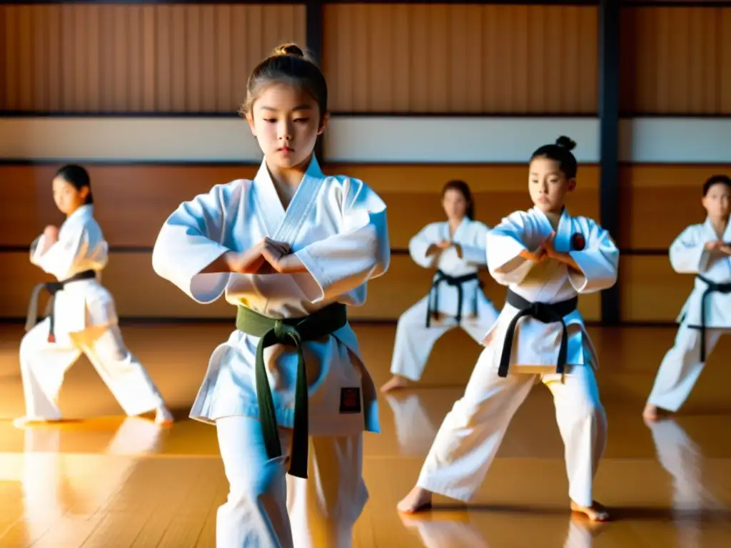 'Práctica de karate en dojo soleado, mostrando disciplina y determinación