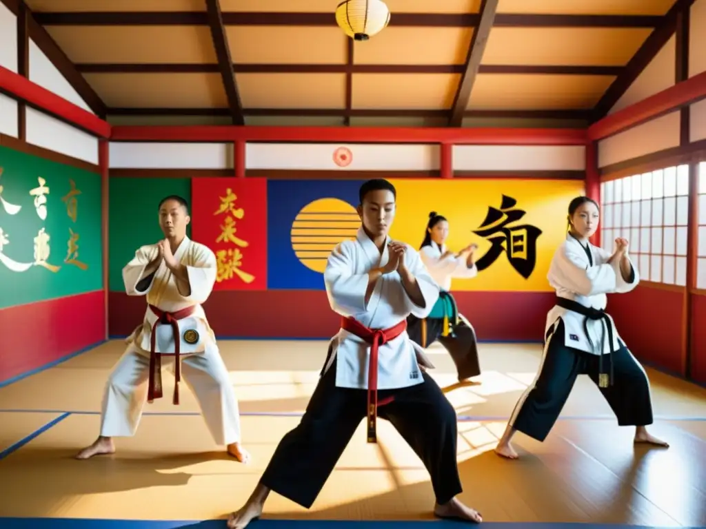 Un dojo soleado y espacioso lleno de maestros y estudiantes de artes marciales practicando con intensidad