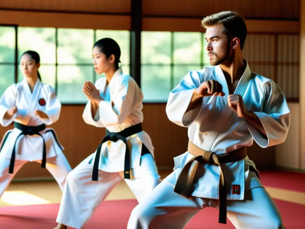 Práctica de karate en dojo soleado, expresiones enfocadas