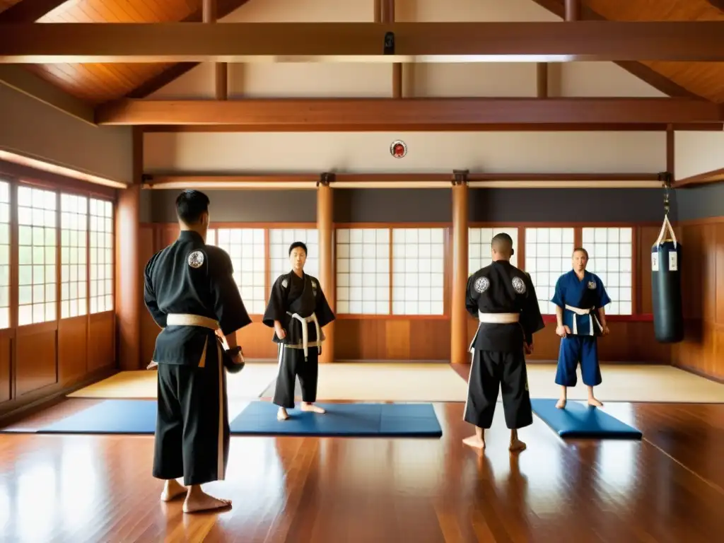 Un dojo tradicional de artes marciales con artistas marciales practicando diversas formas bajo la guía de un instructor