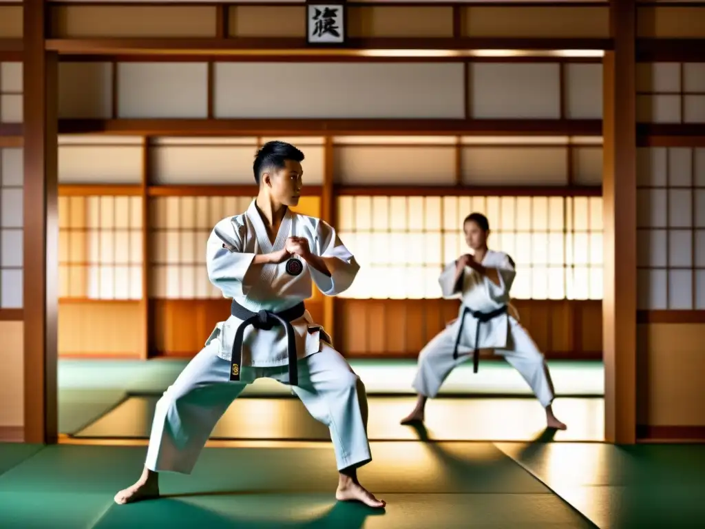 Un dojo tradicional de artes marciales, con luz natural, estudiantes practicando kata con determinación y un sensei demostrando técnicas precisas