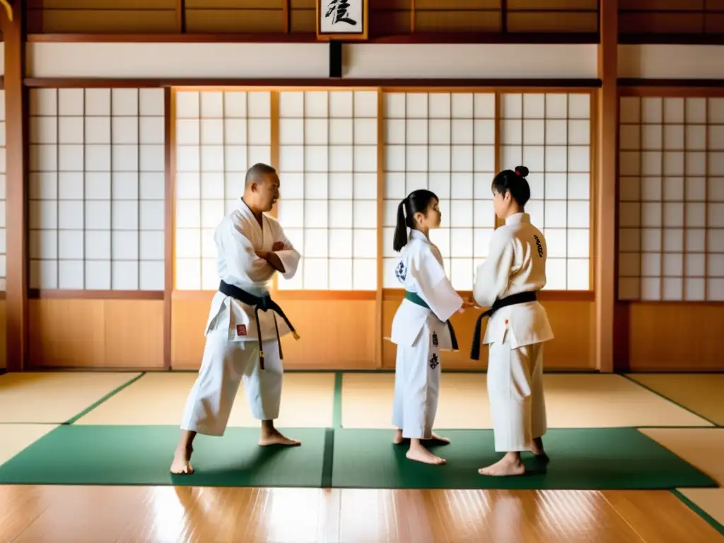 Un dojo tradicional de artes marciales con estudiantes enfocados y respetuosos, reflejando la ética en la enseñanza de artes marciales