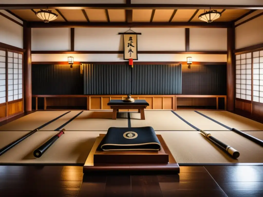 Un dojo tradicional de artes marciales con armas históricas, pergaminos y arte