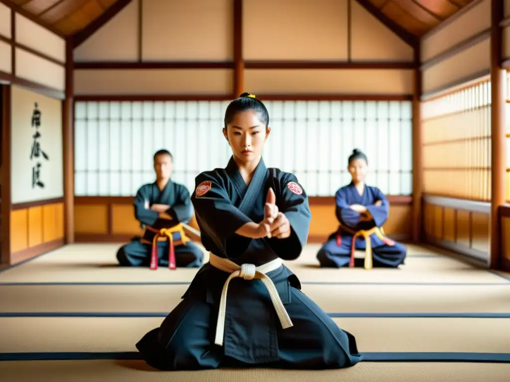 Un dojo tradicional de artes marciales con estudiantes practicando diferentes técnicas bajo la guía de un instructor