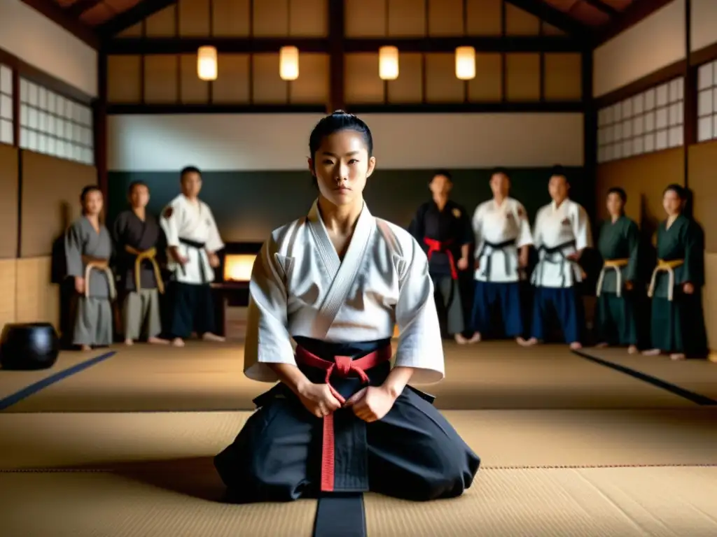 Un dojo tradicional de artes marciales con un sensei y estudiantes practicando técnicas, rodeados de armas antiguas