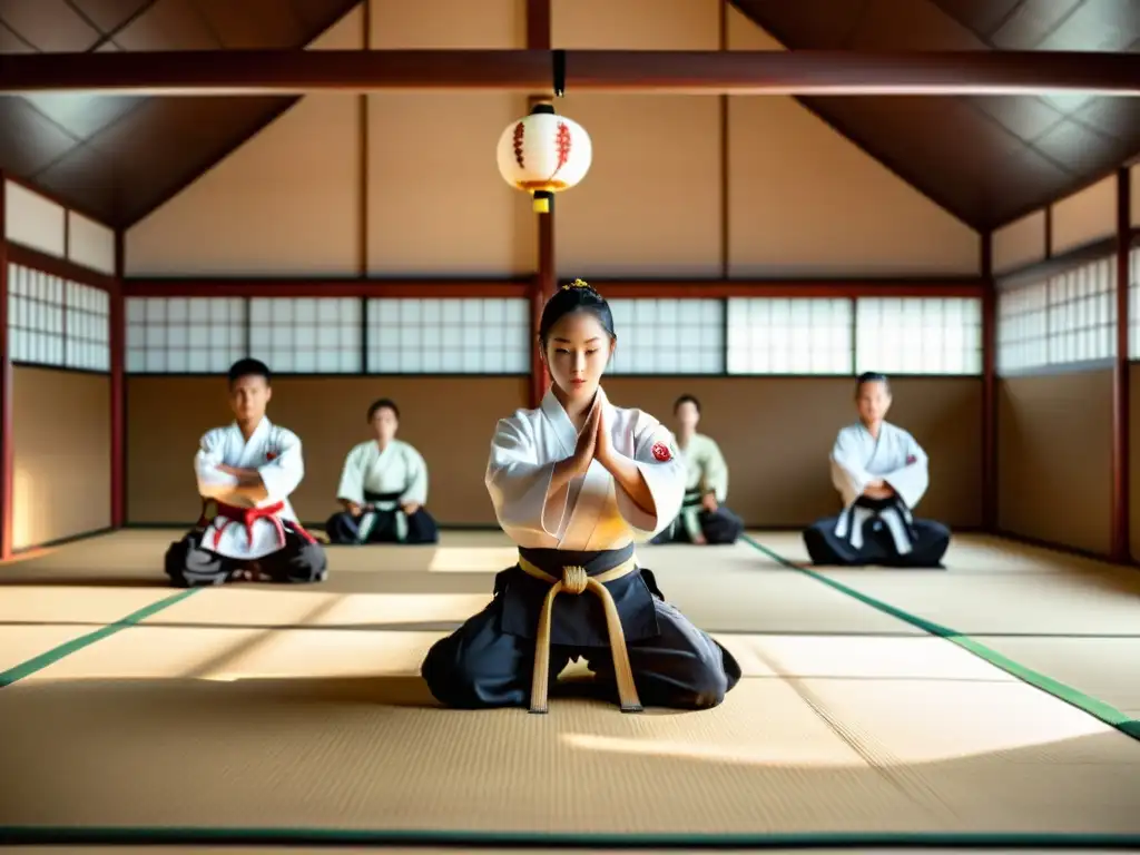 Un dojo tradicional de artes marciales con estudiantes practicando técnicas bajo la guía de un instructor