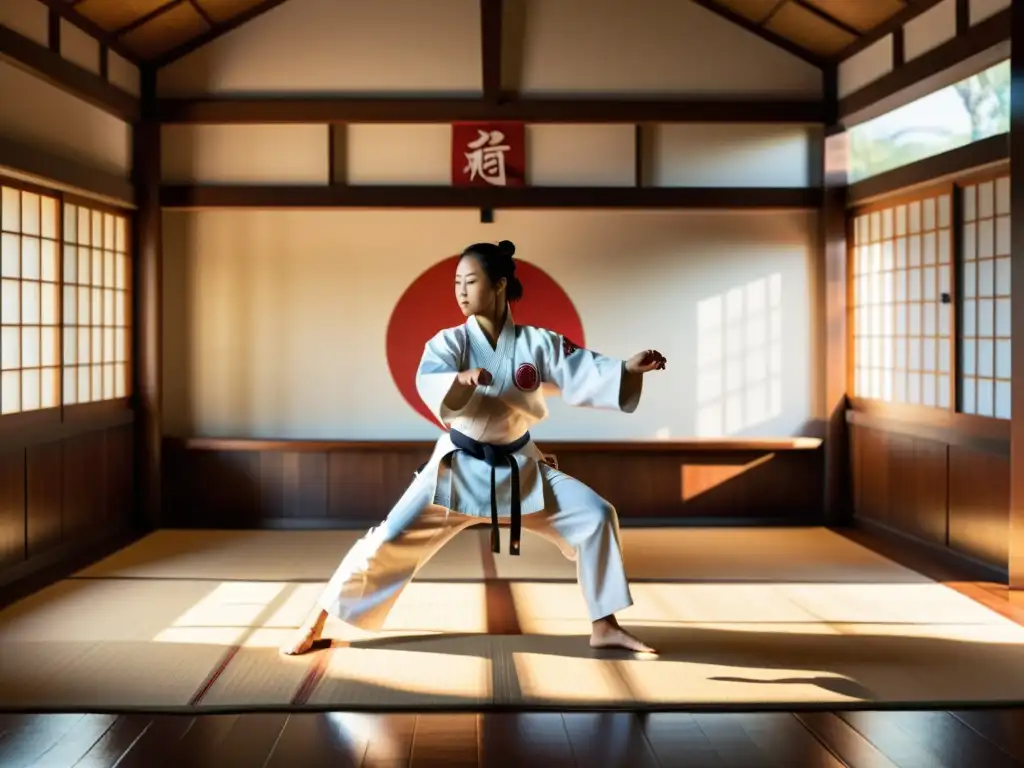 Un dojo tradicional de artes marciales con un artista marcial practicando un kata, rodeado de armas vintage y fotografías de maestros